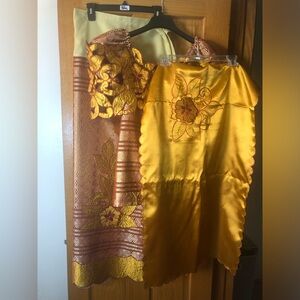 Elegant Gold and Burgundy Embroidered Dress Outfit